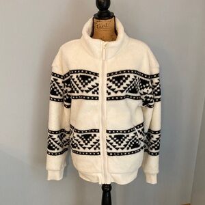 NWOT Faherty Fleece Zip Up Jacket - Cream and Black Women Size L/XL